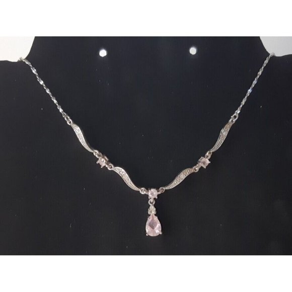 Women's Silver Toned Pink Stone Necklace And Earring Bridal Set - Picture 15 of 16